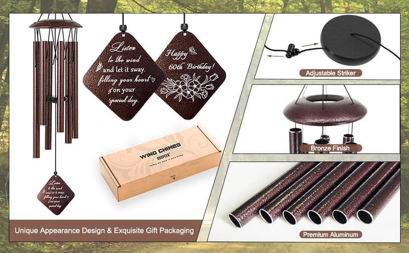 60th Birthday Gifts for Women, 32” Wind Chimes Happy 60 Year Old Birthday Gifts for Her Mom Sister Wife Grandma