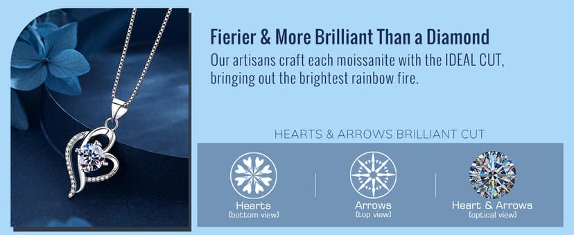 Wedding Anniversary Jewelry Gift for Wife from Husband, Wife Birthday Gift Idea, 1 Carat Moissanite Diamond Pendant Necklace in 925 Sterling Silver with 2 Chains, Romantic and Elegant Present for Her