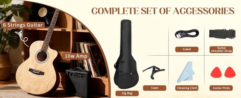 Ktaxon 41 Inch Cutaway Acoustic Electric Guitar, Full Size Manchurian Ash Body Beginner Guitars Kit with 15W Amp, Extra Strings & Capo Includes All Accessories (Natural)