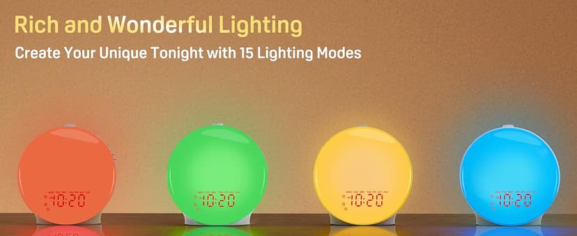 Wake Up Light Sunrise Alarm Clock for Bedroom, 17 Nightlights, Sound Machine with 5W Bluetooth Speaker, 25 Soothing Sounds, SleepTimer, Dual Alarms, FM Radio, Ideal Gift for Baby, Kids, Adults, Senior