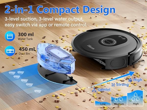 Tikom Robot Vacuum and Mop Combo, 5000Pa Robotic Vacuum Cleaner, 150 Min Max, App & Remote Control, Ideal for Hard Floor, Carpet, Pet Hair, Self-Charge(G8000 Max)