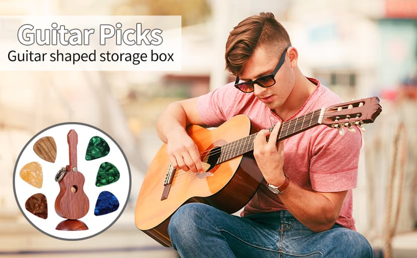 CustomGuitarPlectrumwithBox HomeWoodenDecorativeOrnamentGuitarMusicGiftCarMiniPendantGuitarAccessories Musician'sGuitarPlectrumGiftChristmasUniqueGift (Wood color (flower pear tree))