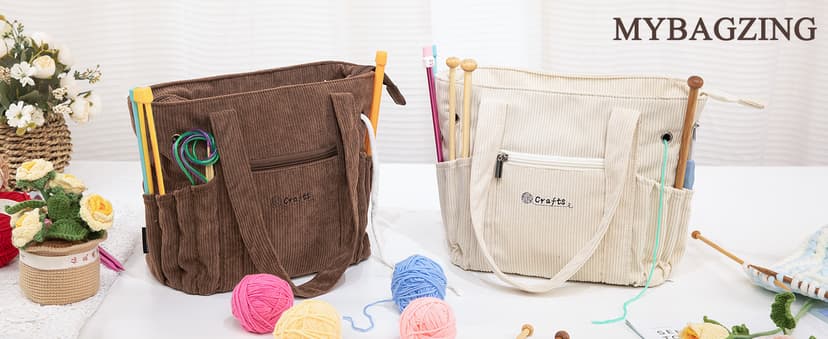 Crochet Bag and Tote - Corduroy Yarn Bag - Yarn Holder for Crocheting - Crochet Storage Bag for Crochet Hooks, Crochet Accessories, Knitting Bag for Crochet Lovers, Mother's Day Gift