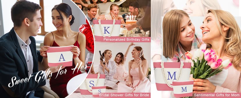 YOOLIFE Beach Bags for Women - Initial Canvas Tote Waterproof Bag with Makeup Bag Gifts for Women Mom Friend Birthday Her