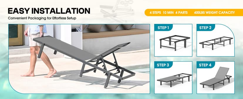 Ciokea Aluminum Chaise Lounge Chair Outdoor with Wheels, Patio Lounge Chair with Adjustable 5-Position Recliner and Full Flat Tanning Chair for Patio, Beach, Pool, Grey