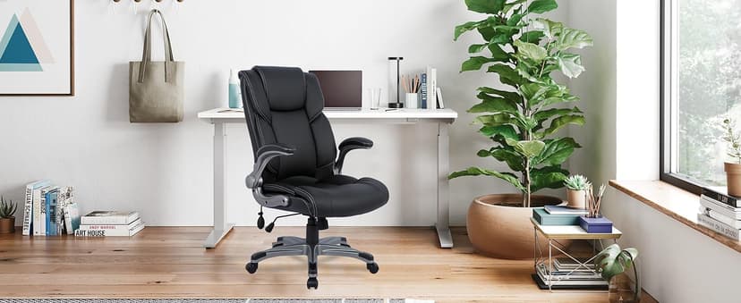 COLAMY Leather Executive Office Chair- High Back Home Computer Desk Chair with Padded Flip-up Arms, Adjustable Tilt Lock, Swivel Rolling Ergonomic Chair for Adult Working Study-Black, Set of 2