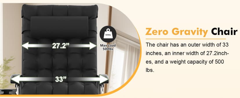 Slendor Oversized Zero Gravity Chairs XXL, 33In Padded Zero Gravity Lounge Chair, Lawn Recliner, Folding Patio Reclining Chair w/Aluminum Alloy Lock, Headrest, Cup Holder, Support 500lbs, Black