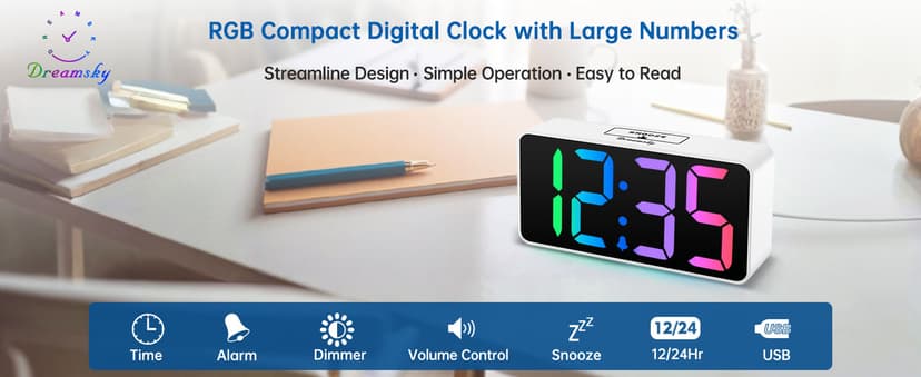 DreamSky Super Loud Alarm Clock for Heavy Sleepers - RGB Small Digital Clock for Kids Bedroom Bedside Nightstand, Electric Desk Clock with Large Number, Dimmer, Adjustable Volume, USB-C Powered
