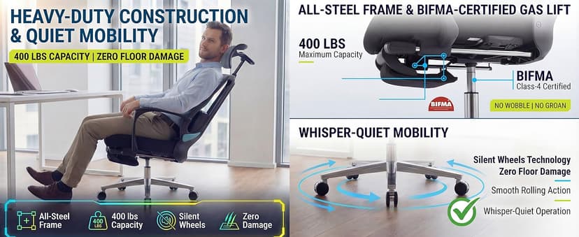 Ergonomic Office Chair with Footrest & Adjustable Lumbar Massager, High Back,Big and Tall,Desk Chair with 5D Headrest, Reclining Swivel Rolling Mesh Chair for Home Office, 400LBS (Black)