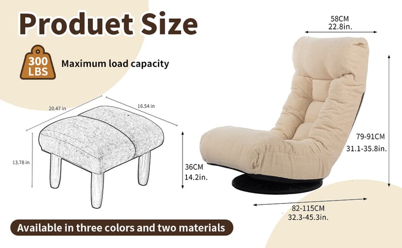 Swivel Lazy Floor Chair with Ottoman, Adjustable Reclining Floor Lounger with Back Support, Comfy Tatami Sofa Seat for Adults Bedroom & Gaming