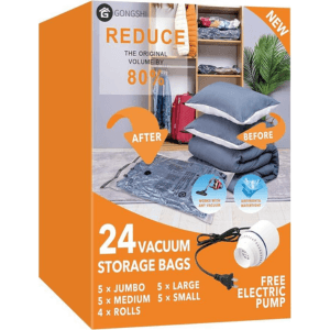 24 Pack Vacuum Storage Bags with Electric Pump, (5 Jumbo, 5 Large, 5 Medium, 5 Small, 4 Roll Up Bags) Space Saver Bag for Clothes, Mattress, Blanket, Duvets, Pillows, Comforters,Travel