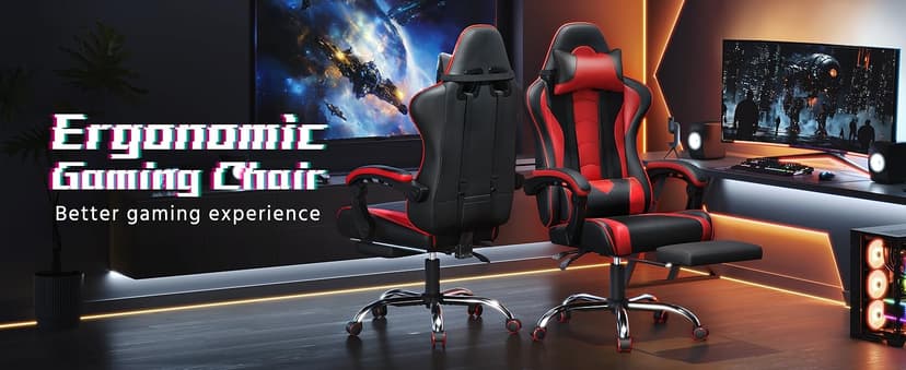 Yaheetech Gaming Chair, Video Game Chair with Massage Lumbar Support and Footrest Height Adjustable Ergonomic Computer Chair with Swivel Seat and Headrest, Black/Red