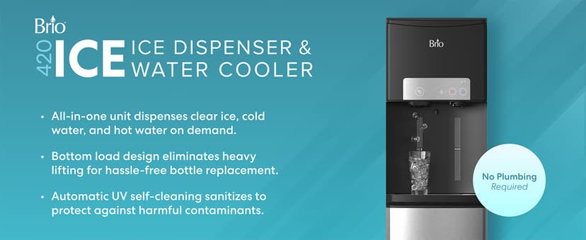 Brio ICE 420 Water Cooler Dispenser for 5 Gallon Bottle with Ice Maker, Bottom Load | UV Self Cleaning Technology, Night Light, Child Safety Lock & 2X Fast Dispense | NSF Certified - Black & Stainless