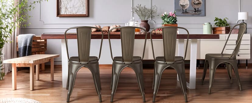 Furmax Metal Dining Chair Indoor-Outdoor Use Stackable Classic Trattoria Chair Chic Dining Bistro Cafe Side Metal Chairs Set of 4 (Black)