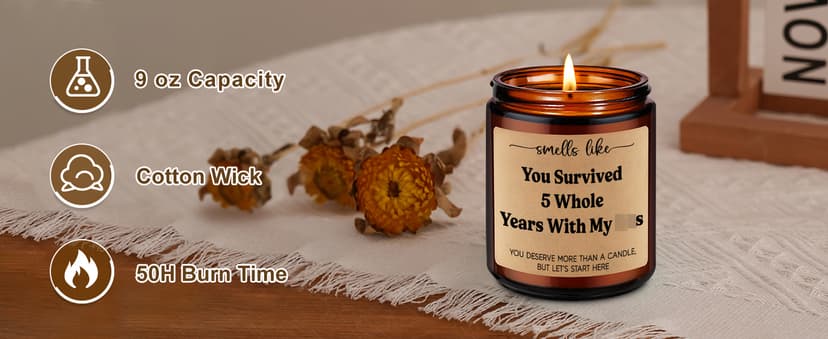 LEADO 5th Wedding Anniversary Candle - 5 Year Marriage Wood Themed Gifts for Husband Wife, 5 Year Anniversary Candle Gifts for Him Her - 5th Anniv. Funny Present for Couple, Women, Men, BF, GF