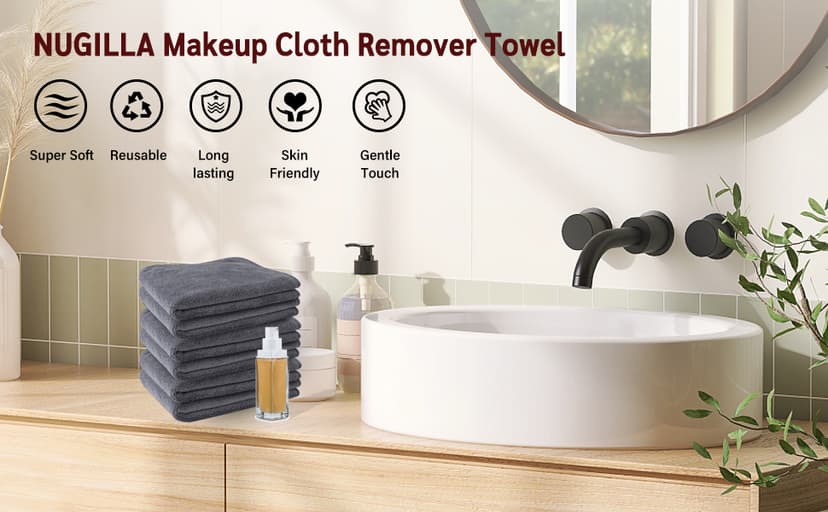 Nugilla Makeup Remover Cloth 12 x 12 Inch, Reusable Makeup Remover Towels for Washing Face, 6 Pack Washable Microfiber Face Cloth Fast Drying Washcloth, Grey