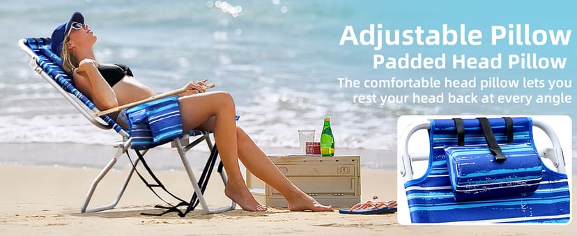 Tall Beach Chairs for Adults, 17" High Backpack Beach Chair with Wooden Armrests, 5 Positions Reclining Heavy Duty Chair with Large Cooler Pouch, Support to 350LBS Striped Blue,1pack