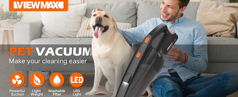 Viewmax Pet Hair Vacuum, Handheld Vacuum Cordless Rechargeable with LED, 10000Pa Suction, 20V Lightweight Portable Hand Vacuum with Multi-Nozzles & Washable HEPA Filter for Pet Hair, Car and Home