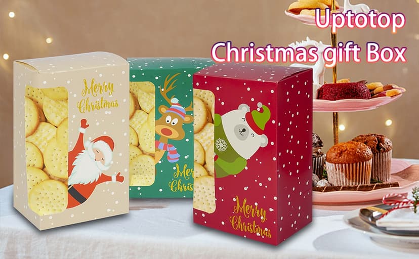 Uptotop Christmas Cookie Boxes, 24 Pcs Small Christmas Party Boxes with 6 Different Designs and Color, Xmas Bakery Pastry Boxes for Pastries, Cupcakes, Brownies, Donuts, 4" x 2.7" x 6.3"