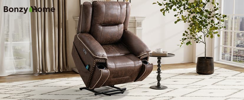 Bonzy Home Power Lift Recliner Chair for Elderly with Massage and Heating, Dual Motor Faux Leather Lift Chair with Spacious Seat, 2 Cup Holders, Adjustable Headrest (Grey Brown)