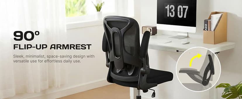 Ergonomic Office Chair, 300 lbs Heavy Duty Mesh Computer Chair with Adjustable Lumbar Support, 90° Flip-up Arms Space Saving Desk Chair, Mid Back Breathable Task Chair for Home Office, Black