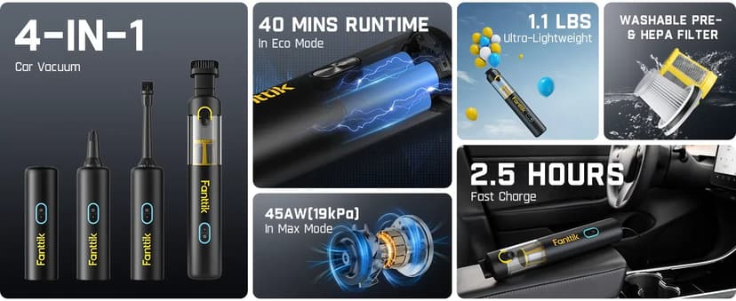 Fanttik Slim V8 APEX Car Vacuum, 4-in-1 Portable Mini Cordless Vacuum with 19000pa Suction Power, Type-C Charge, 2 Suction Modes, Handheld Vacuum for Small Jobs, Car, Office Desk, Keyboards (Black)