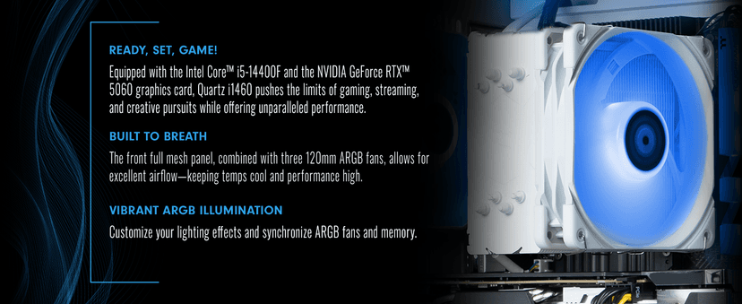 Thermaltake LCGS Quartz i1460 Gaming Desktop (Intel Core™ i5-14400F, ToughRam DDR4 3600Mhz 16GB RGB Memory, NVIDIA GeForce® RTX 5060, 1TB NVMe M.2, WiFi, Windows 11) S2QT-B760-560-LCS