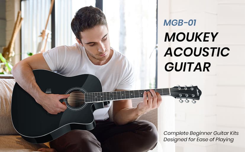 Moukey 41" Acoustic Guitar for Beginners Adult Teen Full Size Guitarra Acustica with Chord Poster, Gig Bag, Tuner,Steel Strings, Capo, Strap - Black