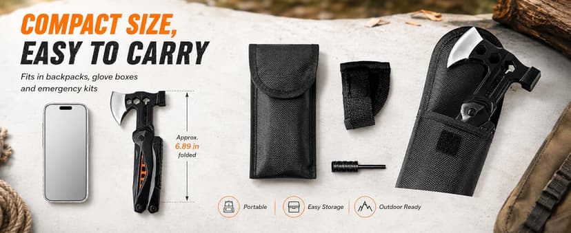 18-in-1 Multitool Hatchet Camping Axe with Hammer & Knife with Protective Sheath, Survival Gear for Men Dad, Emergency Car Tool & Hiking Accessories, Cool Gadgets for Outdoor Hiking Emergency