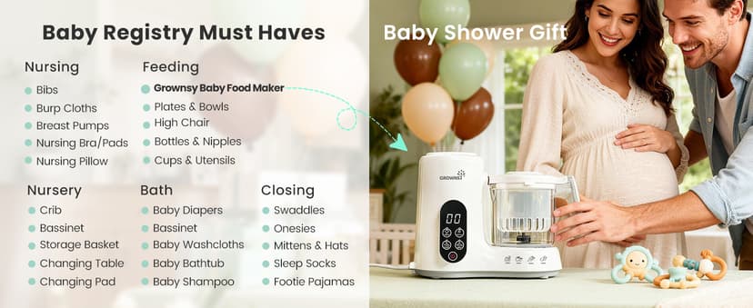 BPA-Free Elevated Steam Basket, Healthy Homemade Baby Food Purees, Starting Solids & BLW, Baby Feeding Essentials, 6+ Months Grownsy Baby Food Maker, Steamer & Blender Baby Food Processor, White B0DGL879NT