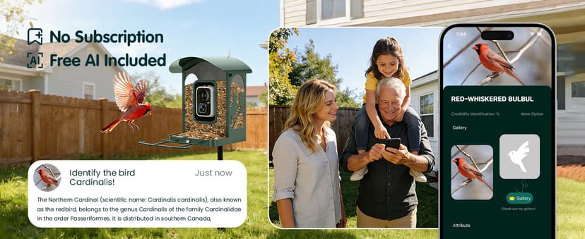 4K Ultra HD Video with Live View,10x Slow Motion,AI Smart Bird Feeder with Camera,2.4G/5G Wi-Fi,Durable Metal,Bird Lover Gift 4K Smart Bird Feeder with Camera,No Subscription,Solar Powered B0FMDP272Y