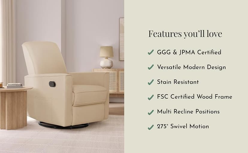 Evolur Raleigh Upholstered Manual Glider Recliner– Rocking & 360° Swivel with Smooth Glide – Greenguard Gold & FSC Certified – Modern Nursery and Living Room Chair in Light Grey