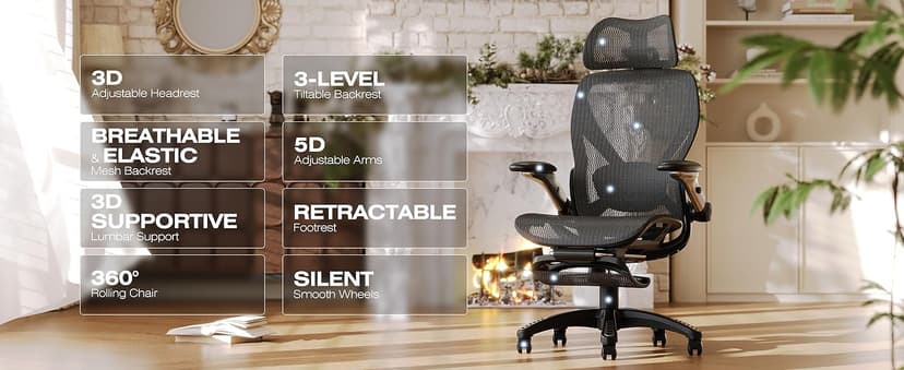 ELABEST X100 Ergonomic Mesh Office Chair with Footrest, Big and Tall Hone Desk Chair with 5D Flip-Up Arms, Adjustable 3D Lumbar Support,Gaming & Executive Computer Chairs