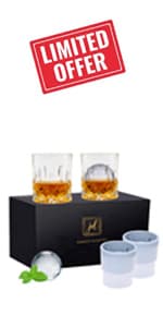 Whiskey Rocks Glass Set In Gift Box - Includes 2 Crystal Bourbon Glasses and 2 Big Ice Ball Molds - 10 Oz Old Fashioned Glasses for Scotch, Cocktails, Rum, Cognac, Vodka - Unique Gift for Men