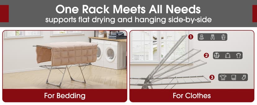 Sakugi Clothes Drying Rack, Foldable 2-Level Laundry Drying Rack with Height-Adjustable Wings, for Clothing & Bedding, Free-Standing Space-Saving Rack, Indoor & Outdoor, 55.5" L × 22.8" W, Gray
