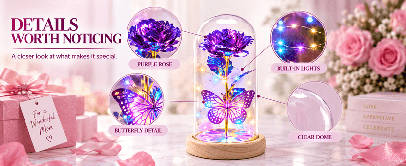 QUNPON Mothers Day Rose Gifts for Mom Flowers Rose Gifts for Women,Birthday Gifts for Women,Purple Butterfly Flowers for Mom Mother Day Flower Gifts from Daughter Son,Gift for Sister,Her,Grandma,Wife