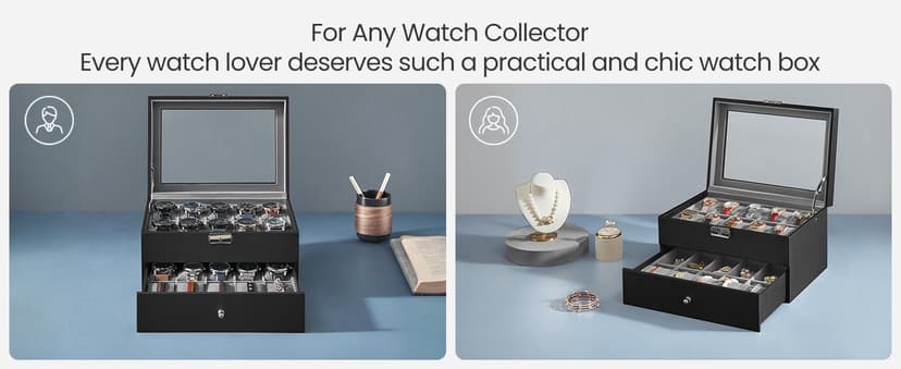 SONGMICS SONGMICS Watch Box, 12-Slot Watch Case Organizer with Large Glass Lid, 2 Layers, Removable Pillows, Metal Lock, Gift for Loved Ones, Black Synthetic Leather, Gray Lining UJWB012