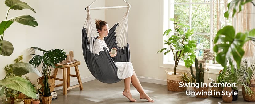 SONGMICS Hammock Chair, Load Capacity 500 lb, Hanging Chair with 2 Cushions, Large Hammock Swing with Chain and Pocket, for Indoor, Outdoor, Living Room, Bedroom, Slate Gray UGDC197G02