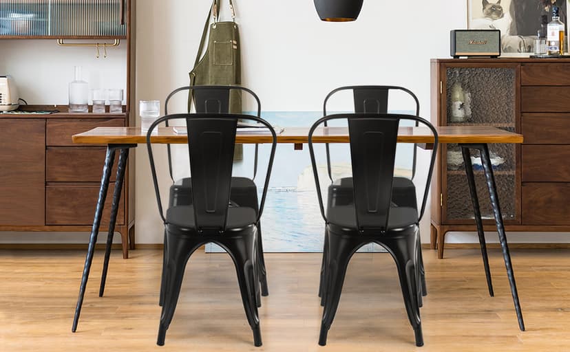 FDW | Metal Dining Chairs | Set of 4 | Black | Stackable Tolix Side Chairs with Backrest | Scratch-Resistant | Non-Slip Feet | Indoor/Outdoor Use | 330 lbs Capacity | for Kitchen & Restaurant