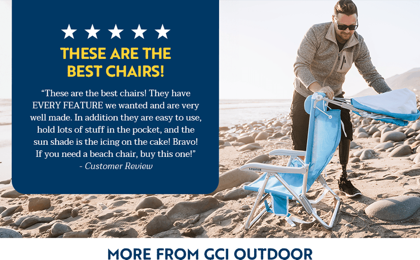 GCI Outdoor Sunshade Backpack Beach Chair | Reclining Folding Canopy Chair with Durable Armrests, Drink Holder & Carry Straps, Perfect for Beach Trips & Picnics — Saybrook Blue