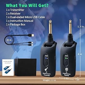 A9 Wireless Guitar System - 2.4GHz Guitar Accessories Transmitter Receiver, 24-bit 48KHz Audio, 100ft Range, No Latency, 4-Hour Rechargeable Battery, for Electric Bass (Black(1TX+1RX))