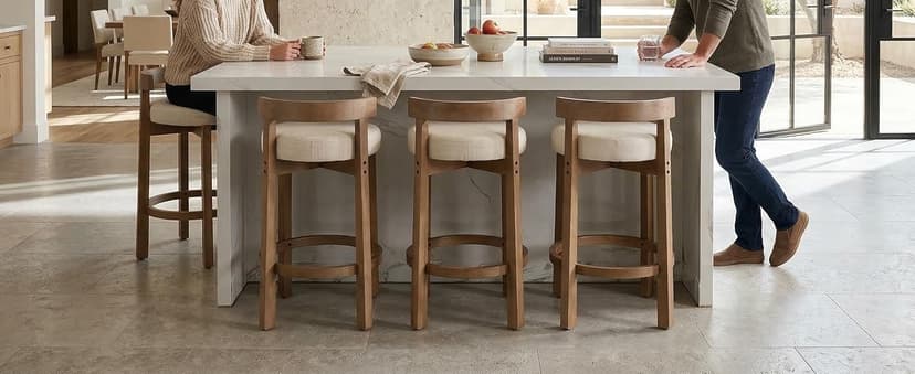 LukeAlon Mid Century Linen Counter Stools Set of 3, Upholstered 26.5" Seat Height Low Barstools with Natural Wood Legs Round Low Back Kitchen Stools with Footrest for Dining Room, Beige