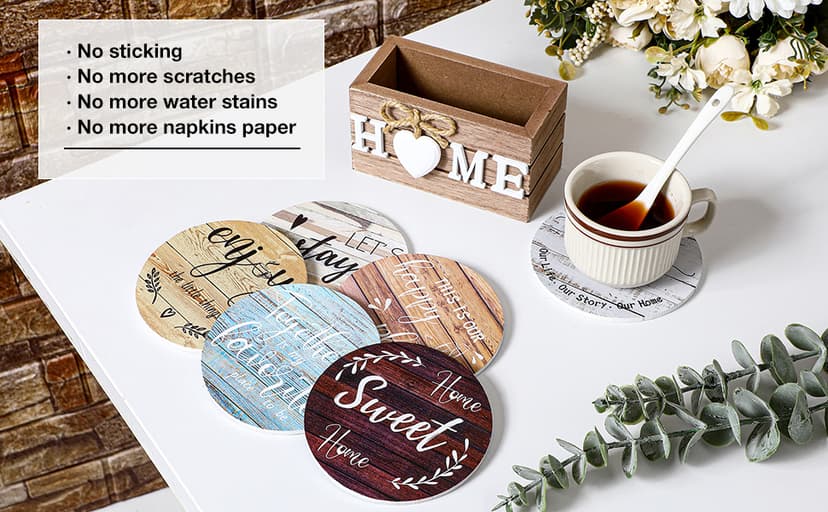 Wooden Coasters for Drink with Holder, 4'', Funny Home Decoration for Family Coffee Bar Table Protection, New Home Gift Ideas Queekay House Warming Gifts New Home Farmhouse Coasters Set of 6, Mixed B0BRSGRGBG
