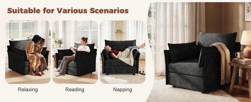 ABCASA Black Oversized Accent Chair with Removable & Washable Chenille Cover, Modern Mid-Century Upholstered Armchair, Deep Seat Comfy Reading Chair for Living Room, Pet & Kid Friendly