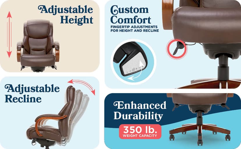 La-Z-Boy Delano Big and Tall Executive Office Chair - Ergonomic Lumbar Support Memory Foam - Bonded Leather Desk Chair for Home Office - Mahogany Wood Arms - Chestnut Brown