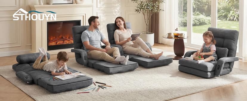 STHOUYN Comfy Floor Chair Bedroom 2 USB Charging Ports, 5-Position Couch Gaming Lounge Chairs Adults, Indoor Folding Lazy Sofa Meditation Arm Dorm Chair Living Room (Grey)