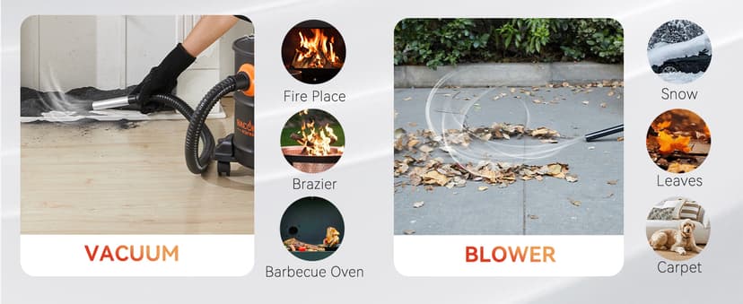 BACOENG Ash Vacuum for Pellet Stoves, Fireplace Ash Vac 5.2 Gallon 1200w with Double Stage Filtration System, Ash Vacuum Cleaner for Fireplaces, Wood Stove, Pellet Grill