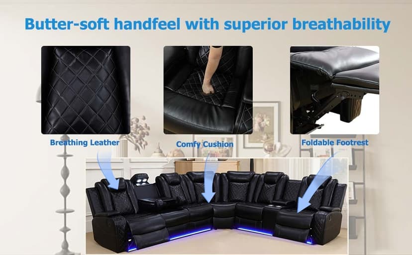 Toseslo Power Reclining Sectional Sofa Set with LED Light,Leather Sectional Couches, Living Room Furniture Sets, Modern Power Recliner Sofa Sets with Cup Holder for Living Room(Brown)