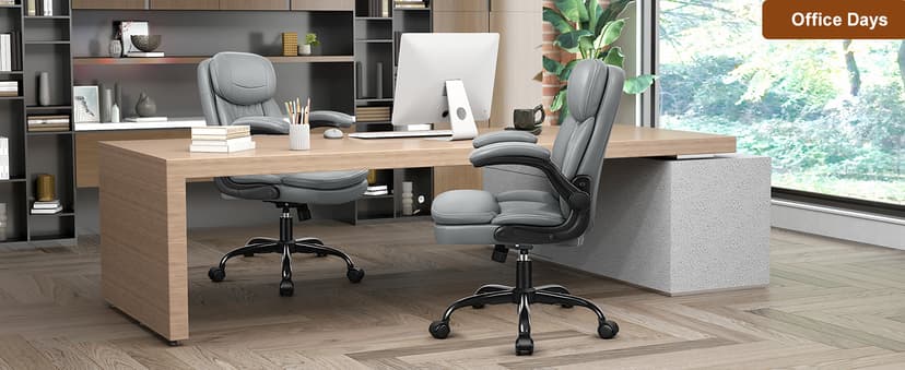 Leather Office Chair, Upgraded PU Computer Desk Chairs with Double-Layer Seat Cushion and Neckrest, 360°Swivel, Ergonomic Small Gaming Chair with Wheels and Adjustable Armrests for Short People, Grey