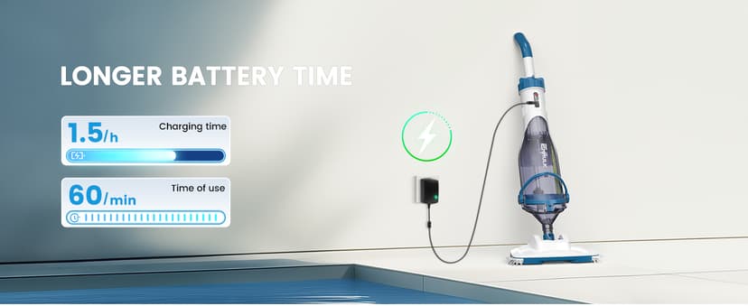 ENHULK Pool Vacuum for Above Ground Pools, 2025 Upgraded 13.4" Wide Head & Telescopic Pole, 18.5 GPM Suction, 60 Min Runtime, Cordless Handheld Rechargeable Pool Cleaner for Inground Pools (Blue)